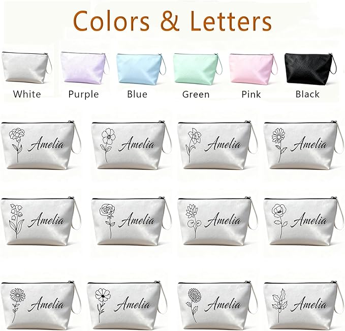 Bliver Personalized Makeup Bag Initial&Birth Flower Custom Small Travel Cosmetic Bag with Name Cute Makeup Bag for Women Girls