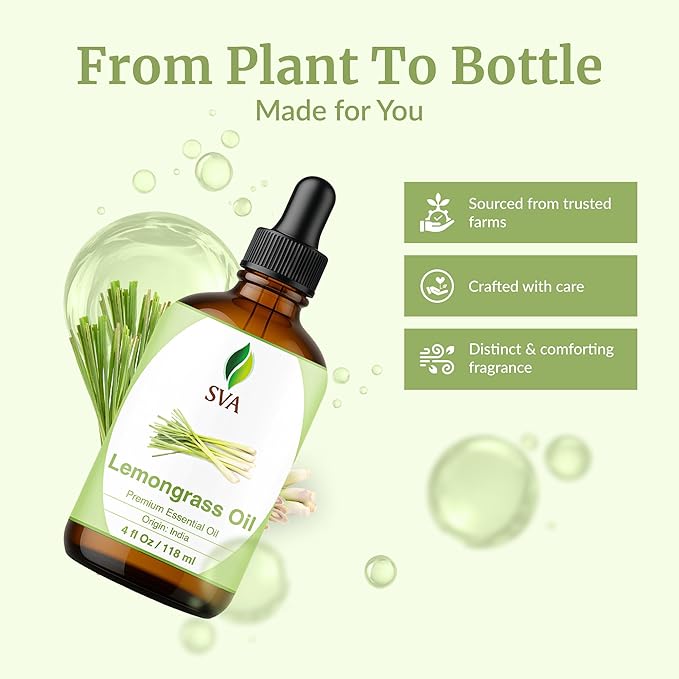 SVA Lemongrass Essential Oil 4 Fl Oz – for Diffuser, Skin & Hair Care – Ideal for Massage & DIY Blends - with Dropper