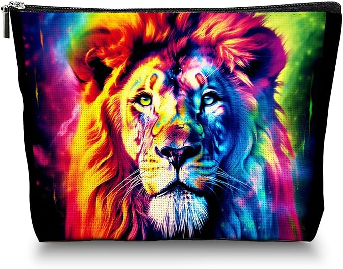 Scribesense Makeup Bag Travel Cosmetic Bags Small Makeup Case Waterproof Zipper Pouch for Women Girls 7X9inches - Fantasy - Style Lion Portrait in Vivid Colors