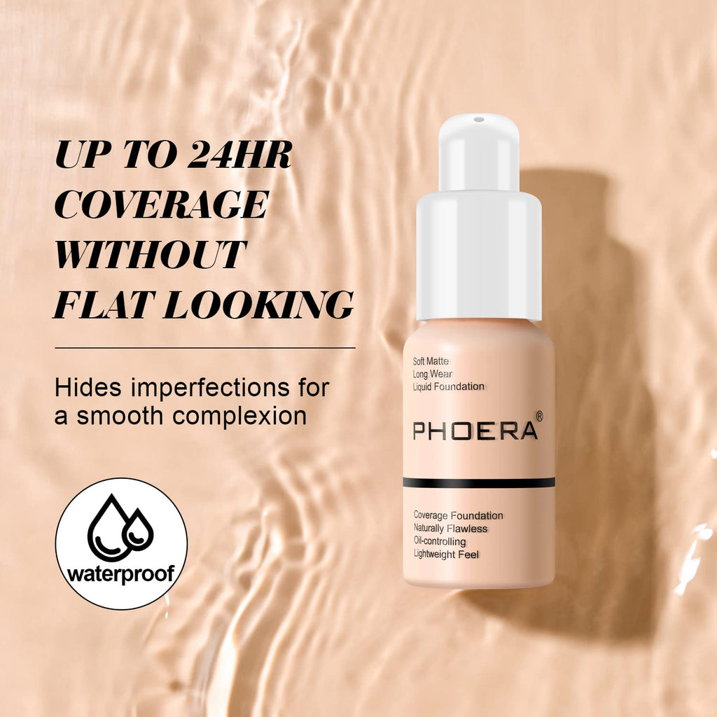 BestLand 2Pack PHOERA Foundation Full Coverage Liquid Foundation Cream - Long-lasting Lightweight Concealer - Oil-Free Formula - Natural Shade - Suitable for All Skin Types (2 Pack Nude #102)
