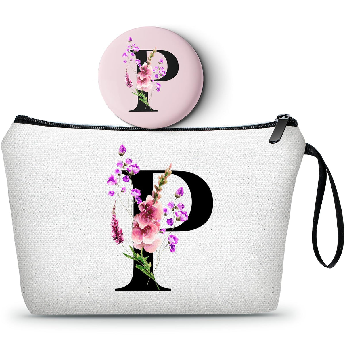 SEAMOON A-Z Womens Birthday Gifts, Initial Cute Makeup Bag with Mirror, P