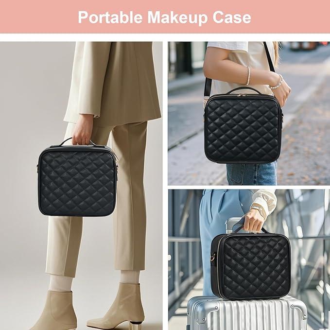 BEAUTY CASE Makeup Bag with Led Mirror, 10 Inch Portable Cosmetic Vanity Organizer Case with Adjustable Dividers, USB Charging, Large Capacity, Ideal for Travel, Gift for Women Girls, Black