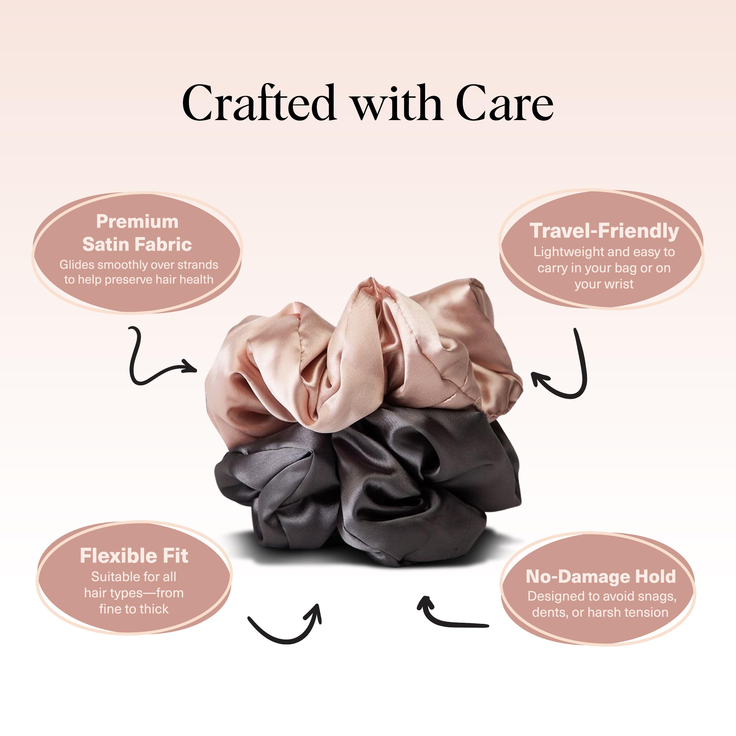 Kitsch Pillow Satin Scrunchies for Women -Blush/Charcoal, 2pcs