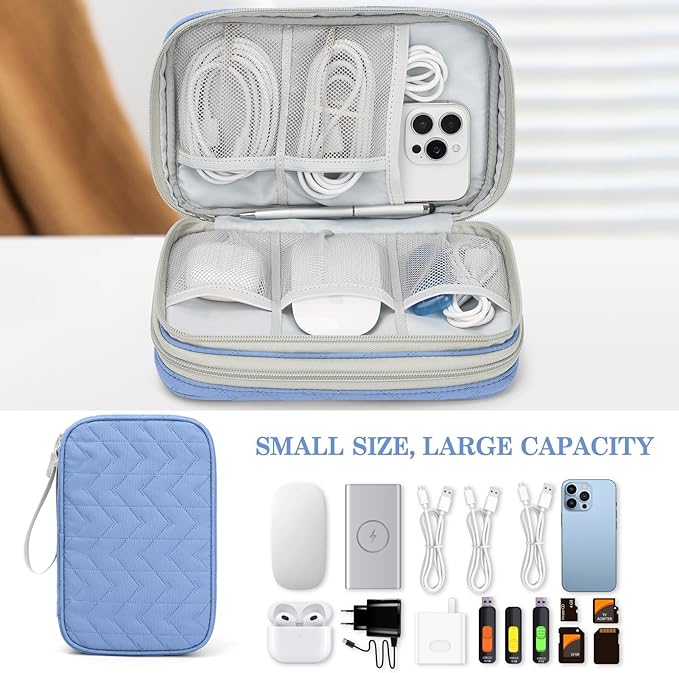 FYY Electronic Organizer, Travel Tech Pouch Bag, Large, Blue Quilted