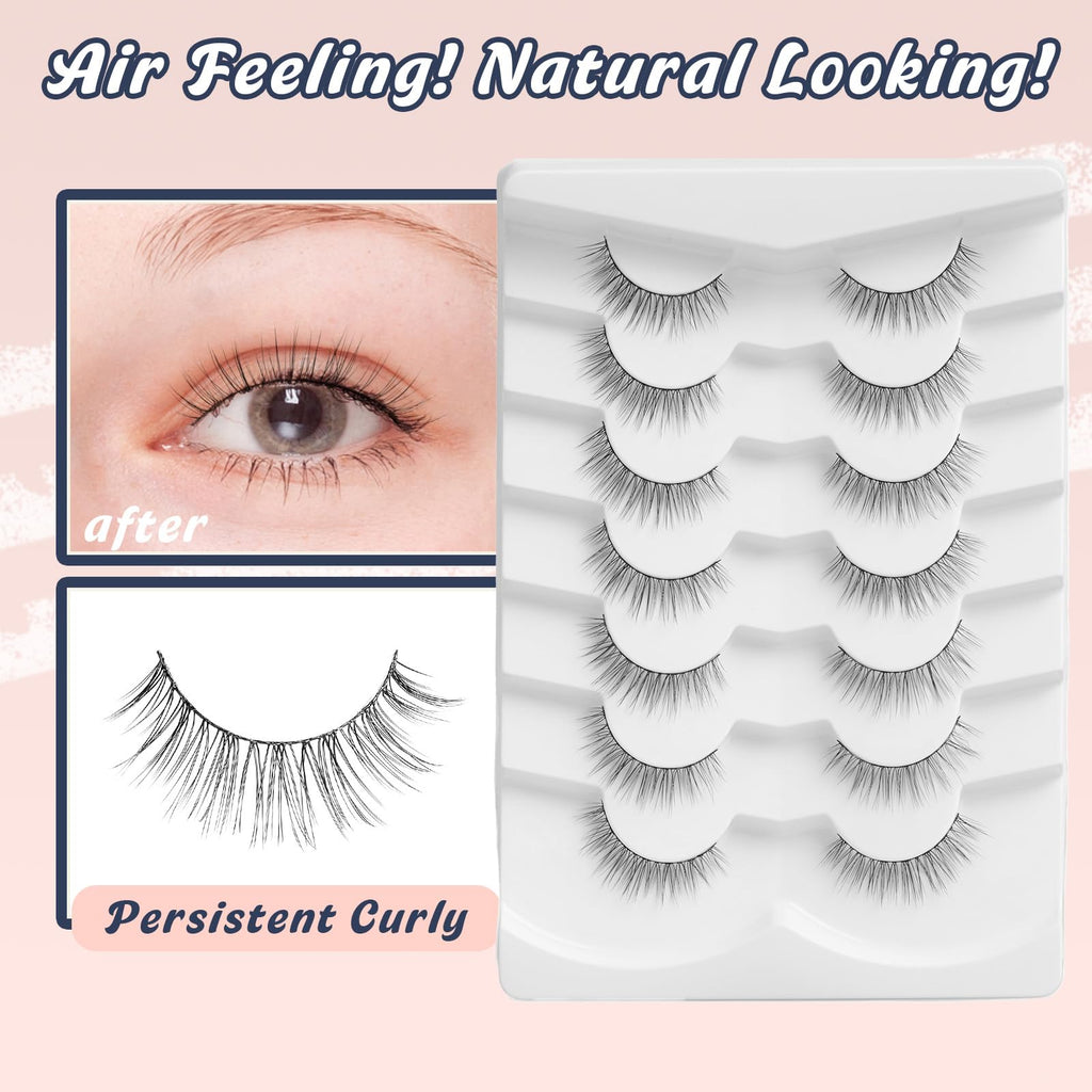 Natural Lashes Eyelashes Wispy 10MM Short Lashes Thin Band Strip Lashes 3D Volume Lashes False Eyelashes C Curl Soft Lash Pack 7 Pair Siligli