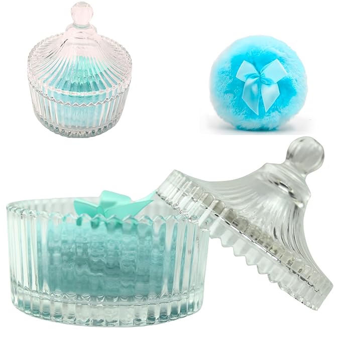 2 Pcs Large Body Powder Puff and Container Powder Container with Puff Powder Puff Crystal Soft Washable Reusable Velour Face Body Glitter Powder Puff Wet Dry Makeup (Blue)