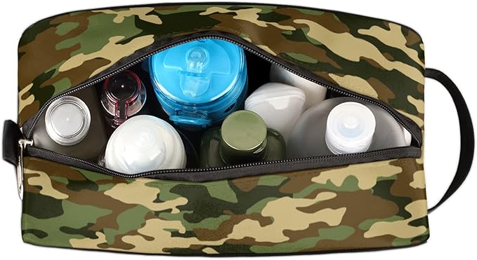 Bardic Green Camo Portable Travel Toiletry Bag, Camouflage Print Dopp Kit Cosmetic Organizer Makeup Bag Shower Shaving Bag for Men Women