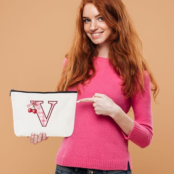 CQM Cherry Bag Initial V Makeup Bag Cherry Gifts for Women Cosmetic Bags