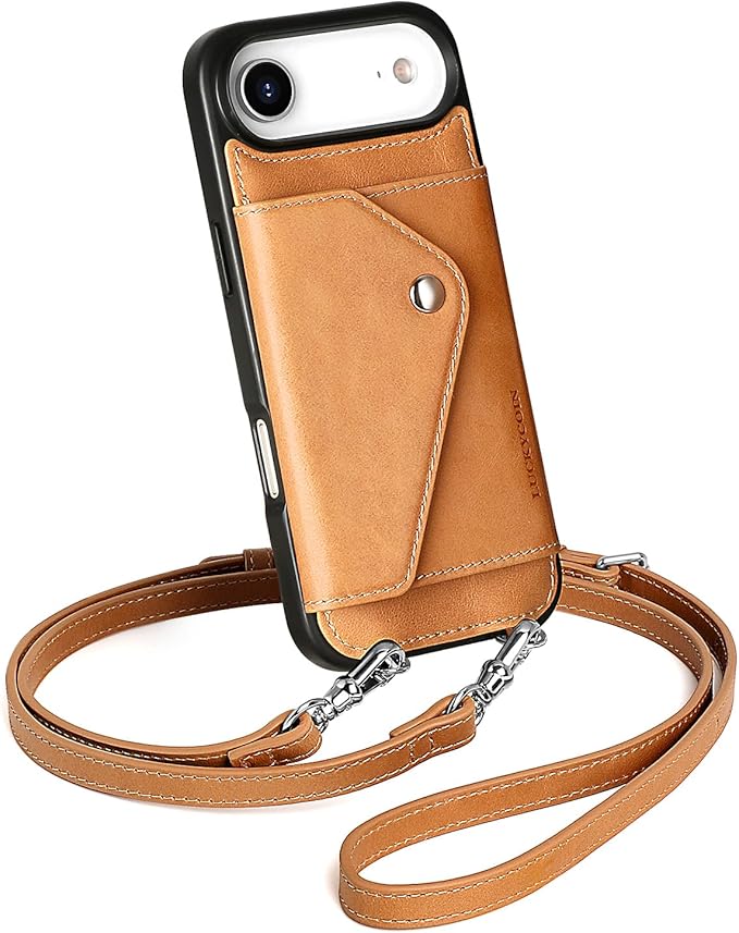 LUCKYCOIN Crossbody Phone Case for iPhone Air,100% Genuine Leather Phone Wallet Case for Women,Fashion Premium Hands-Free Phone Purse with Expandable Flip Card Holder & Adjustable Strap - Retro Tan
