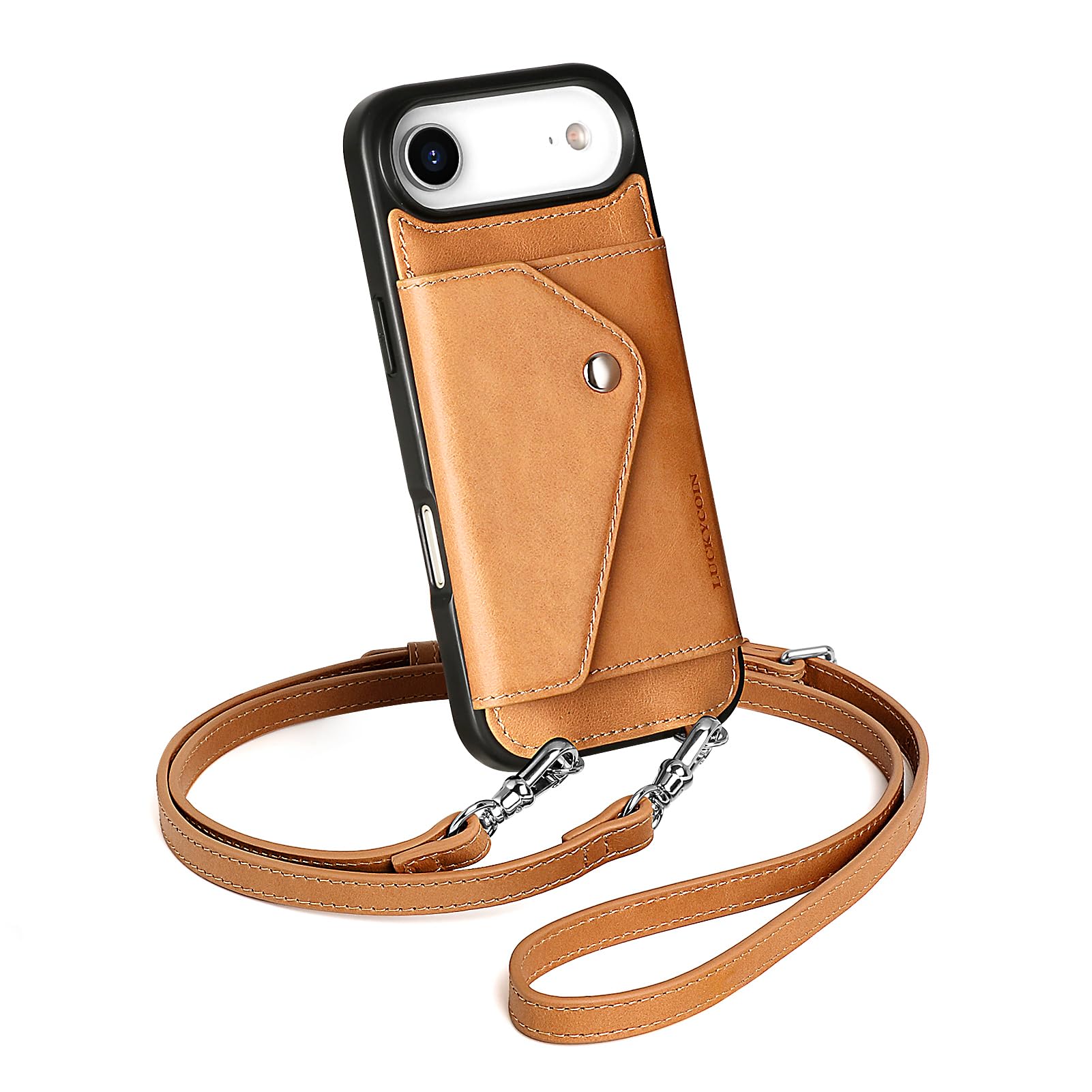 LUCKYCOIN Crossbody Phone Case for iPhone Air,100% Genuine Leather Phone Wallet Case for Women,Fashion Premium Hands-Free Phone Purse with Expandable Flip Card Holder & Adjustable Strap - Retro Tan