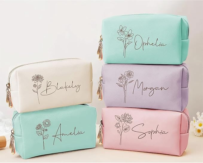 DayOfShe Personalized Makeup Bag with Name and Birth Flower Bridesmaid Gifts,Name Toiletry Bag Mothers Day Mom Gifts,Custom Travel Makeup bag for Bridal Shower Gifts