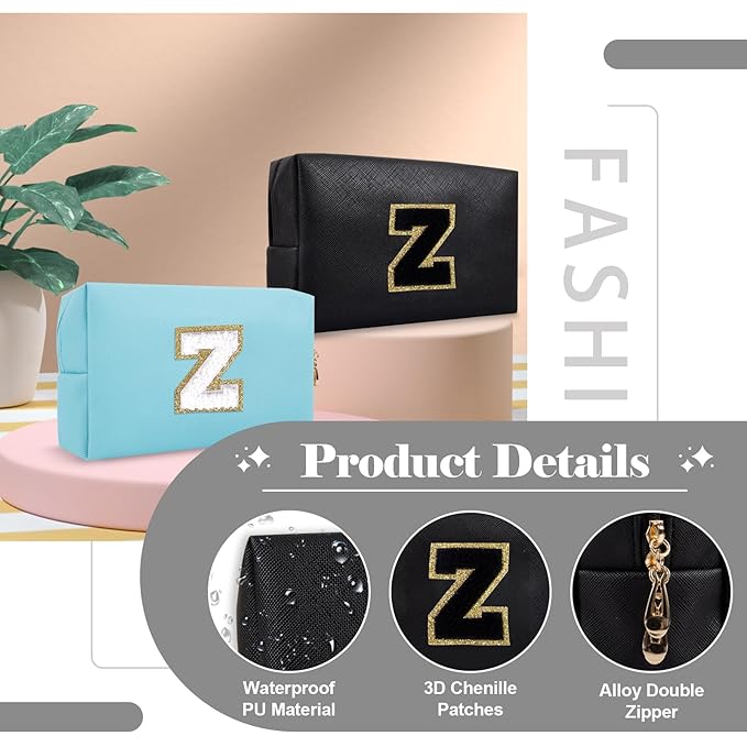 Personalized Initial A-Z Preppy Patch Makeup Bag,Small PU Chenille Letter Cosmetic Bag with Zipper for Teen Girls,Black Cute Toiletry Organizer Bag,Monogram Makeup Case Gift for Women Girls,Letter Z