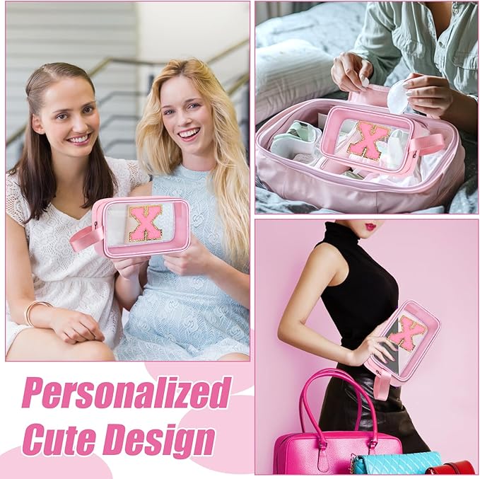 Initial Makeup Bag,Letter X Cute Clear Monogrammed Cosmetic Travel Bag for Womens Girls,Personalized Pink Aesthetic Traveling Make Up Organizer Bag for Beach,Waterproof Toiletry Bag