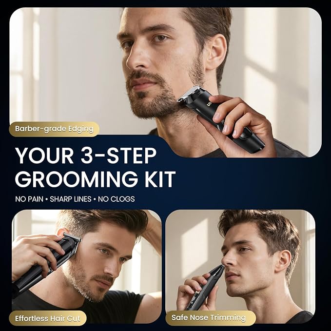 Ufree 3-in-1 Beard Trimmer Kit, Men's Electric Shaver Razor for Mustache Body Nose Facial Hair, Professional Hair Trimmer, Rechargeable Clippers, Waterproof Beard Grooming, Birthday Gifts for Men