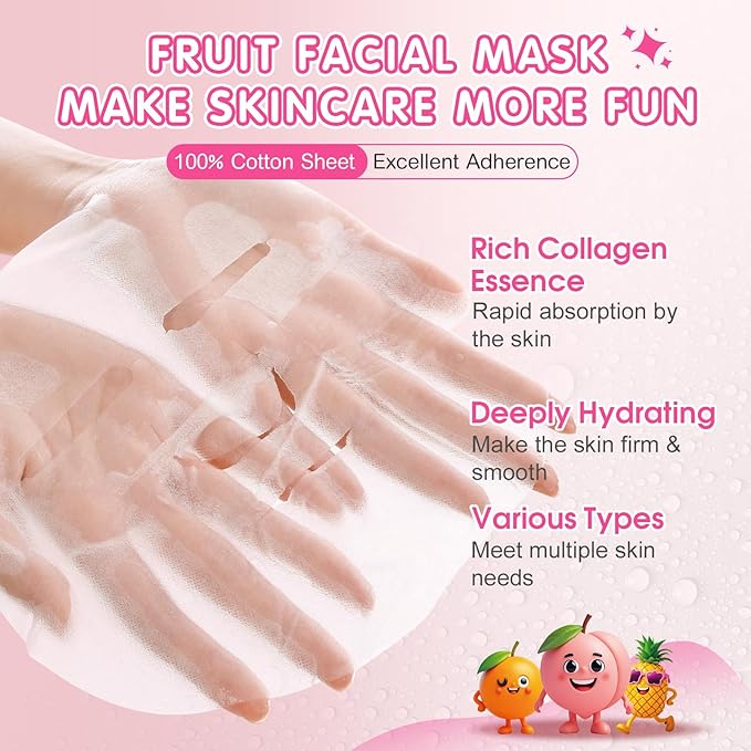 14 Pack Fruit Face Masks Skincare for Kids, Sheet Hydrating Facial Mask
