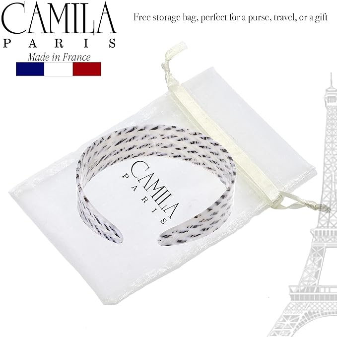 Camila Paris CP3462 French Headband for Women, Handmade White and Gray, Strong Hold Grip Women's Hair Band, Ligth and Very Flexible, No Slip Durable Styling Girls Hair Accessories, Made in France