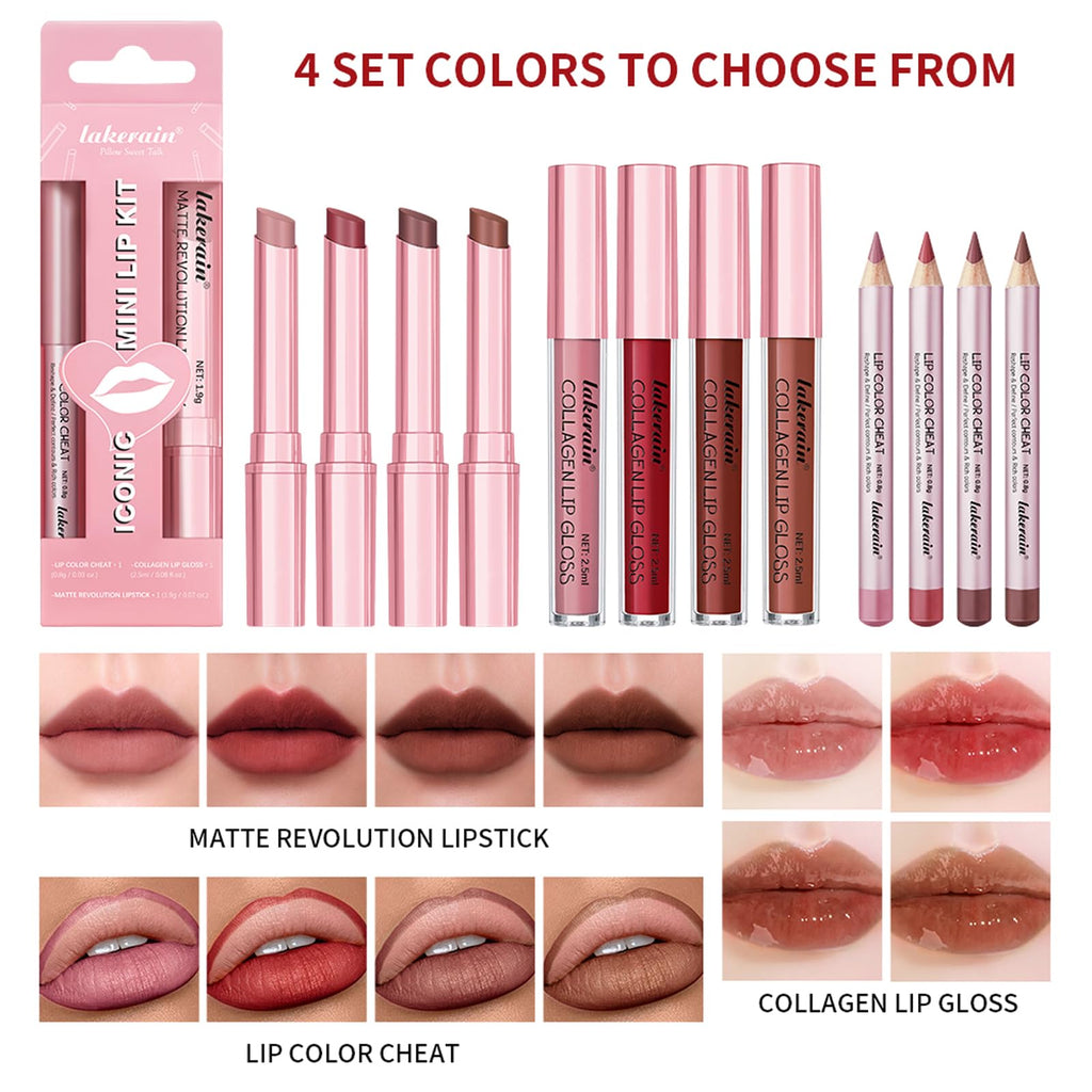 3PCS Lip Liner and Lipstick Combo Set - Matte Lip Liner Pencil, Velvet Matte Lipstick & Hydrating Collagen Lip Gloss - Long-Lasting, Smudge-Proof, High Pigment Nude Brown Lip Makeup Kit (#2 Red Rose)