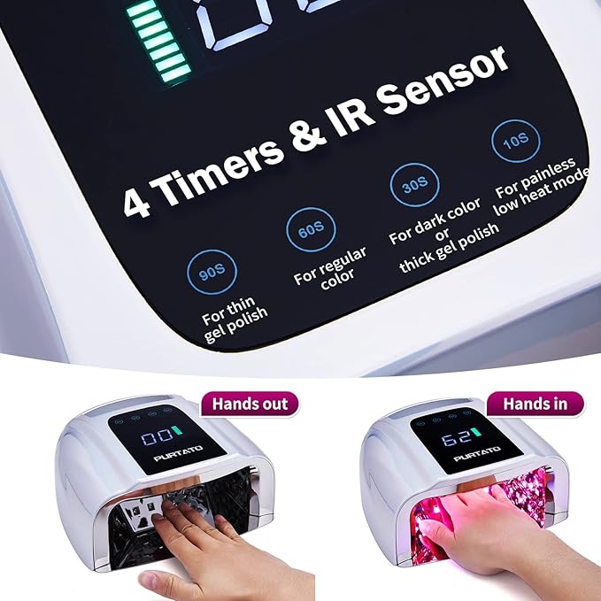 PURTATO Professional Rechargeable 96W UV LED Portable Cordless UV Light for Nail Lamp Machine with Removable Stainless Steel Bottom,4 Timer Setting and Smart Sensor Nail Dryer (Plating Silver)