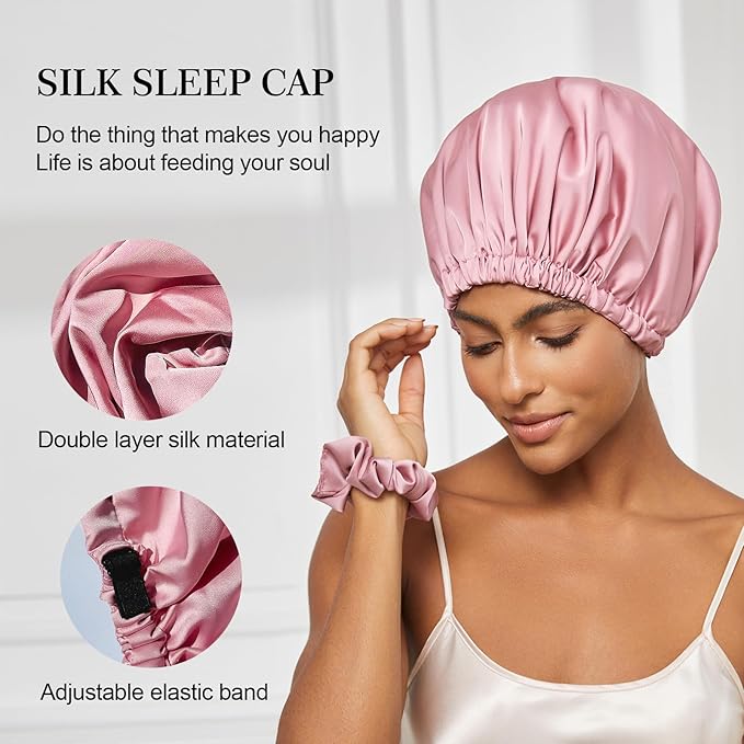 Satin Bonnet Silk Bonnet for Sleeping Women Double Layer Hair Bonnet Wrap Sleep Cap Gifts for Women Curly Hair Coral