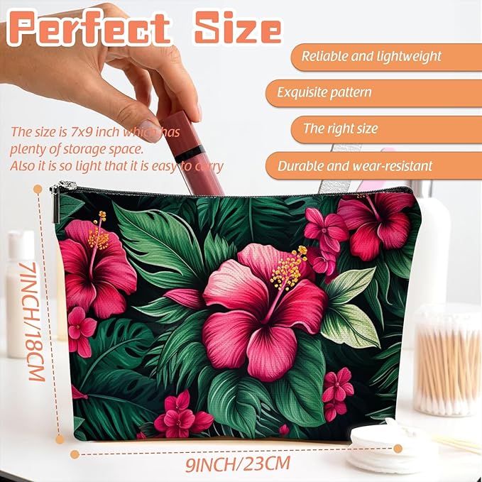Scribesense Makeup Bag Travel Cosmetic Bags Small Makeup Case Waterproof Zipper Pouch for Women Girls 7X9inches - Bold Hibiscus Flowers with Green Foliage
