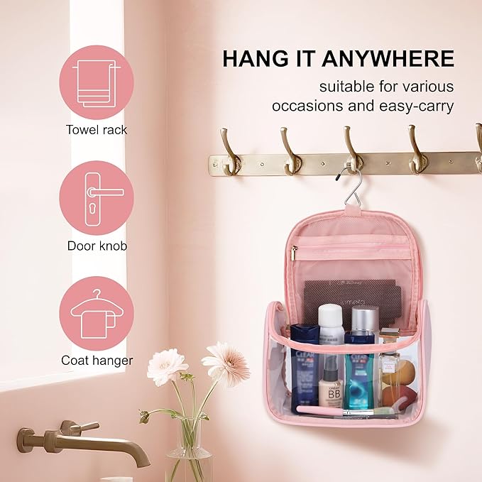 YFG Travel Toiletry Bag for Women & Men, Transparent Cosmetic Organizer with Hook, Portable, Organizer, for Travel-Sized Shampoo, makeup Accessories, Brushes Set, Conditioner, Medium Size Pink