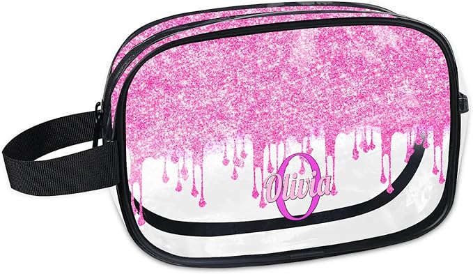 KFNHN Custom Travel Toiletry Bag for Women, Clear PVC Large Makeup Bag, Cosmetic Bag, Comestic Essentials for Women, Light Pink Curtain Glittering