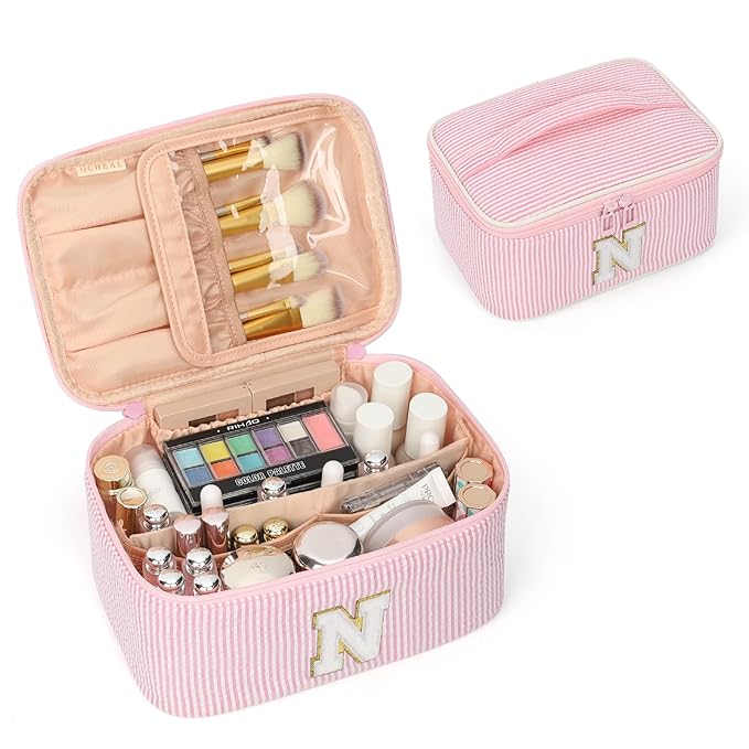 OCHEAL Makeup Bag for Women, Monogram Cosmetic Bag Pink Travel Makeup Case Beauty Toiletry Bag Organizer Personalized Gifts for Girls Bridesmaid, Sister, Wife, Friends Initiall N