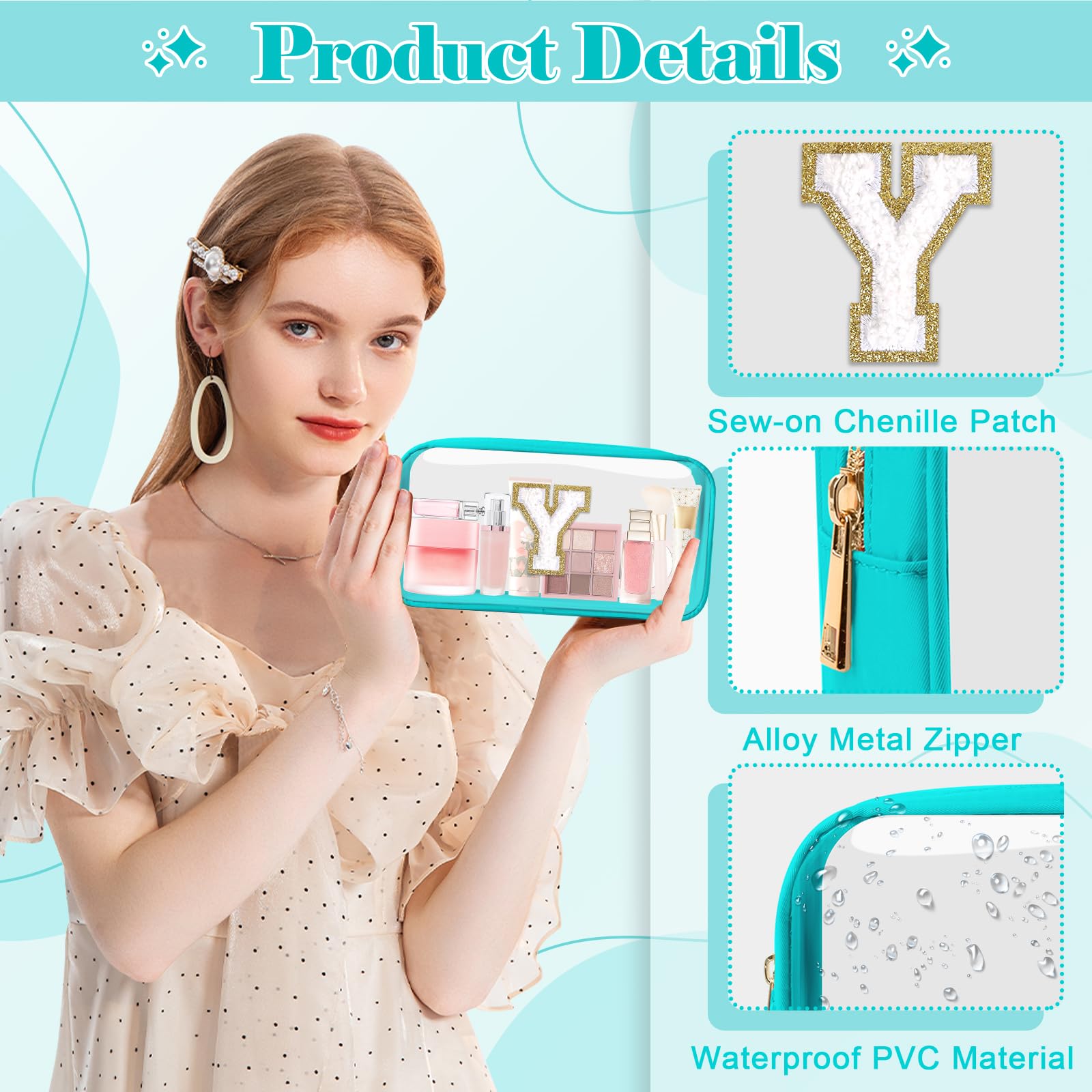 Personalized Initial Letter Clear Makeup Bag,Preppy Small Nylon&PVC Cosmetic Zipper Bag with Chenille Letter,Portable Beach Travel Skincare Toiletry Bag,Trendy Monogram Gift for Teen Girls Women,Y