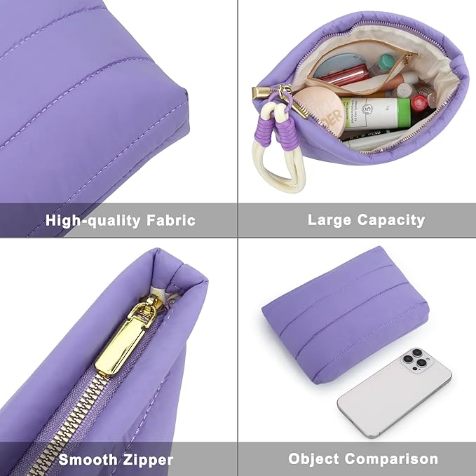 DOB SECHS Striped Quilted Makeup Bag with Wristlet Handle Cute Puffy Cotton Cosmetic Bag for Women Small Puffer Toiletry Zipper Make Up Pouch Quilt Clutch Bag Travel Organizer Storage Pouches, Purple
