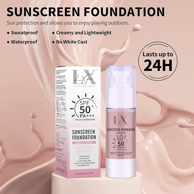 LXSKN Tinted Face Sunscreen - Waterproof & Lightweight Liquid Foundation with SPF 50++, 3-in-1 Full Coverage Foundation Smooths & Blurs Pores, 108 Light