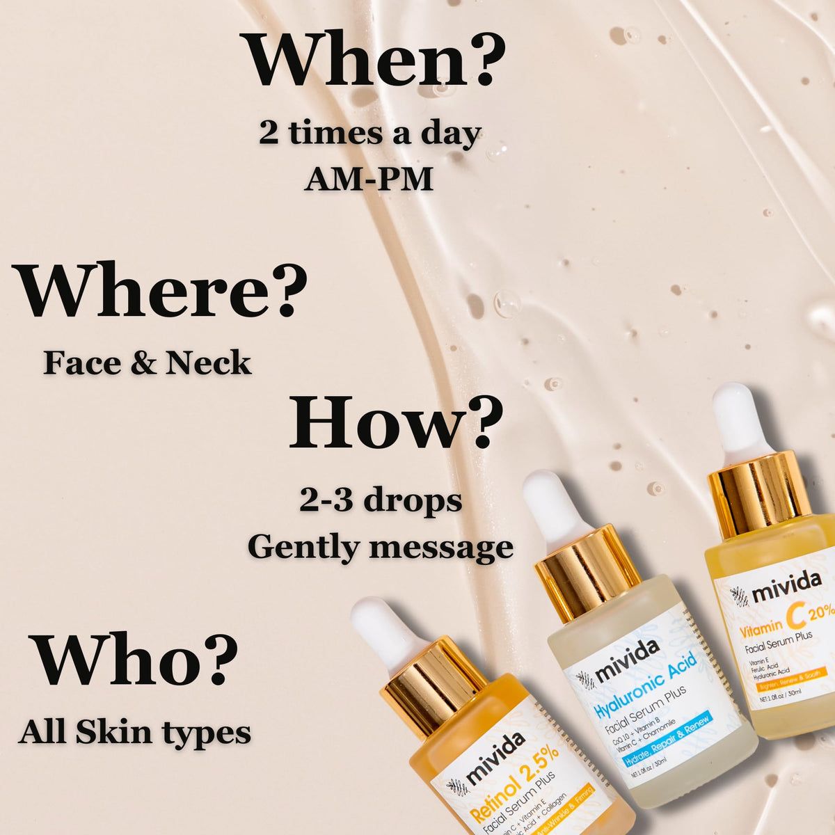 mivida Anti-Aging Serum Trio| 20% Vitamin C + Hyaluronic Acid + 2.5% Retinol Serums For Face | Brightening & Hydrating Skincare Set | Reduces Wrinkles & Fine Lines 3x1floz