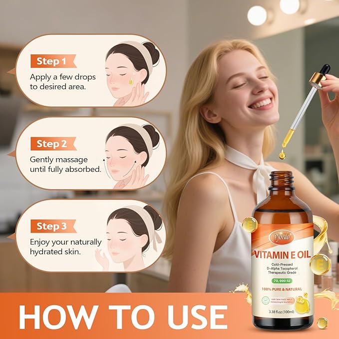 Pjordo Vitamin E Oil - 100% Pure & Natural, 70,000 IU Cold-Pressed Organic Vitamin E Oil for Skin, Face, Hair, Nails & Scars, D-Alpha Tocopherol Rich, Deep Moisturizing and Firming Skin