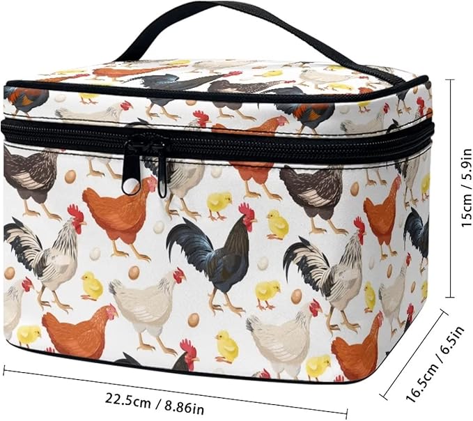 Drydeepin Cute Farm Chicken Rooster Print Travel Makeup Bag for Women Large Capacity Cosmetic Bags with Zipper And Handle Make Up Tote Bags Organizer Portable Brushes Case Toiletry Bags