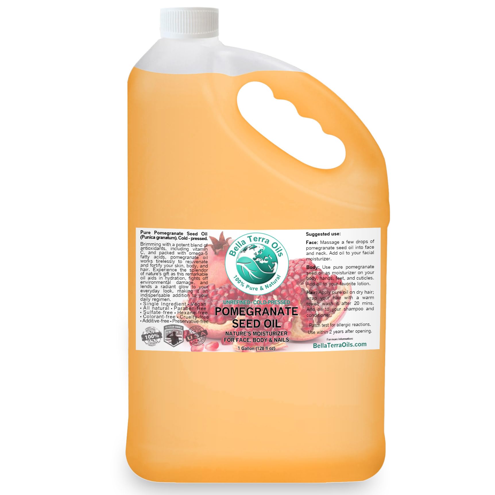 Bella Terra Oils Pomegranate Seed Oil – 1 Gallon – 100% Pure & Natural, Cold-Pressed, Unrefined – Hydrating & Nourishing for Skin & Hair – Antioxidant-Rich Beauty Oil