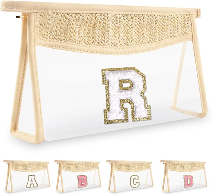 UIXIZQ Personalized Initial Letter Bag Boho Straw Clear Makeup Bag,Small Cute Chenille Varsity Letter Pouch With Zipper,Beach Travel Toiletry,Portable Monogrammed Cosmetic Bag for Women Girls,R