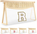 UIXIZQ Personalized Initial Letter Bag Boho Straw Clear Makeup Bag,Small Cute Chenille Varsity Letter Pouch With Zipper,Beach Travel Toiletry,Portable Monogrammed Cosmetic Bag for Women Girls,R