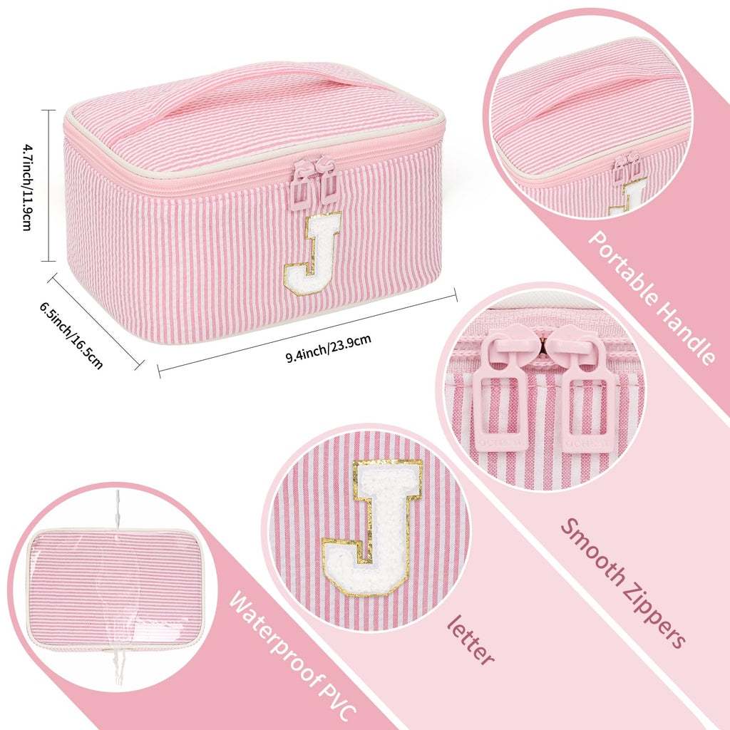 OCHEAL Makeup Bag for Women, Monogram Cosmetic Bag Pink Travel Makeup Case Beauty Toiletry Bag Organizer Personalized Gifts for Girls Bridesmaid, Sister, Wife, Friends Initial J