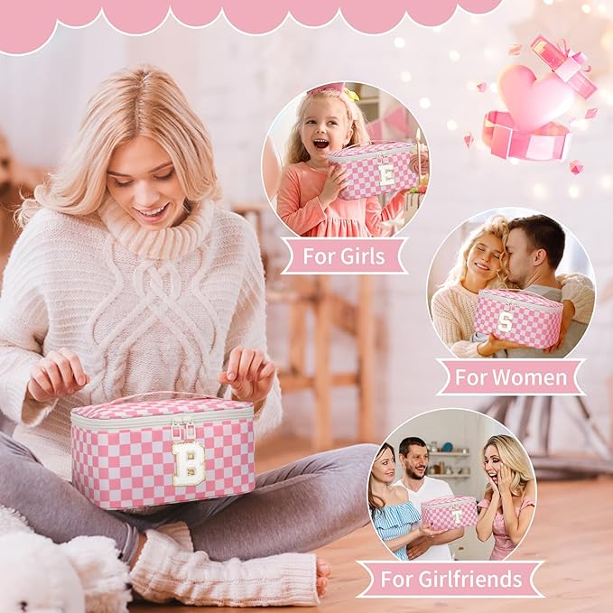 OCHEAL Makeup Bag for Women, Monogram Cosmetic Bag Pink Travel Makeup Case Beauty Toiletry Bag Organizer Personalized Gifts for Girls Bridesmaid, Sister, Wife, Friends Initial M