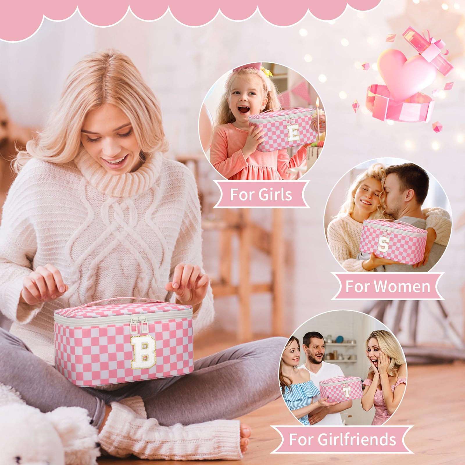 OCHEAL Makeup Bag for Women, Monogram Cosmetic Bag Pink Travel Makeup Case Beauty Toiletry Bag Organizer Personalized Gifts for Girls Bridesmaid, Sister, Wife, Friends Initial S