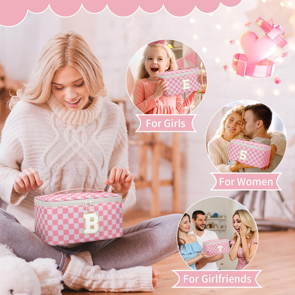 OCHEAL Makeup Bag for Women, Monogram Cosmetic Bag Pink Travel Makeup Case Beauty Toiletry Bag Organizer Personalized Gifts for Girls Bridesmaid, Sister, Wife, Friends Initial S