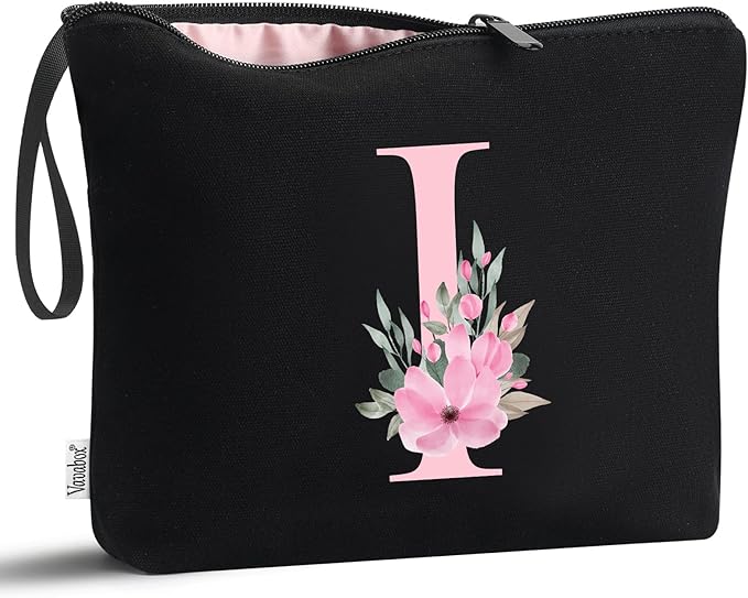 Vavabox A-Z Personalized Makeup Bag, Birthday Gifts for Women Mom, Gifts for Best Friend, Bride Bridesmaid Cosmetic bag (I, 02-Black)
