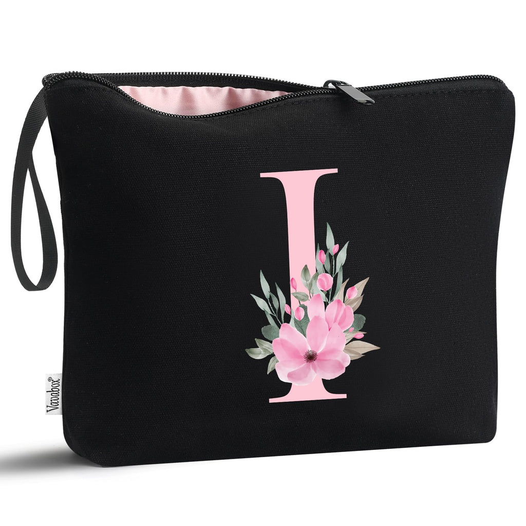 Vavabox A-Z Personalized Makeup Bag, Birthday Gifts for Women Mom, Gifts for Best Friend, Bride Bridesmaid Cosmetic bag (I, 02-Black)