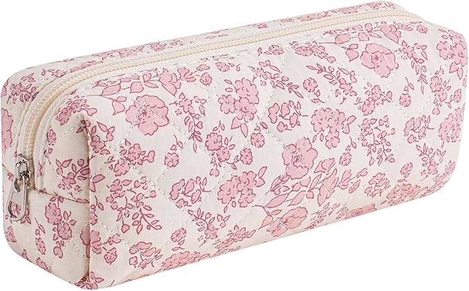 HHQQWZ Cute Floral Cotton Makeup Brush Cosmetic Bag for Women, Travel Quilted Zipper Make Up Bag, Flowers Toiletry Organizer Case Kawaii Makeup Cosmetic Travel Cloth Pouch (Big Pink Floral)