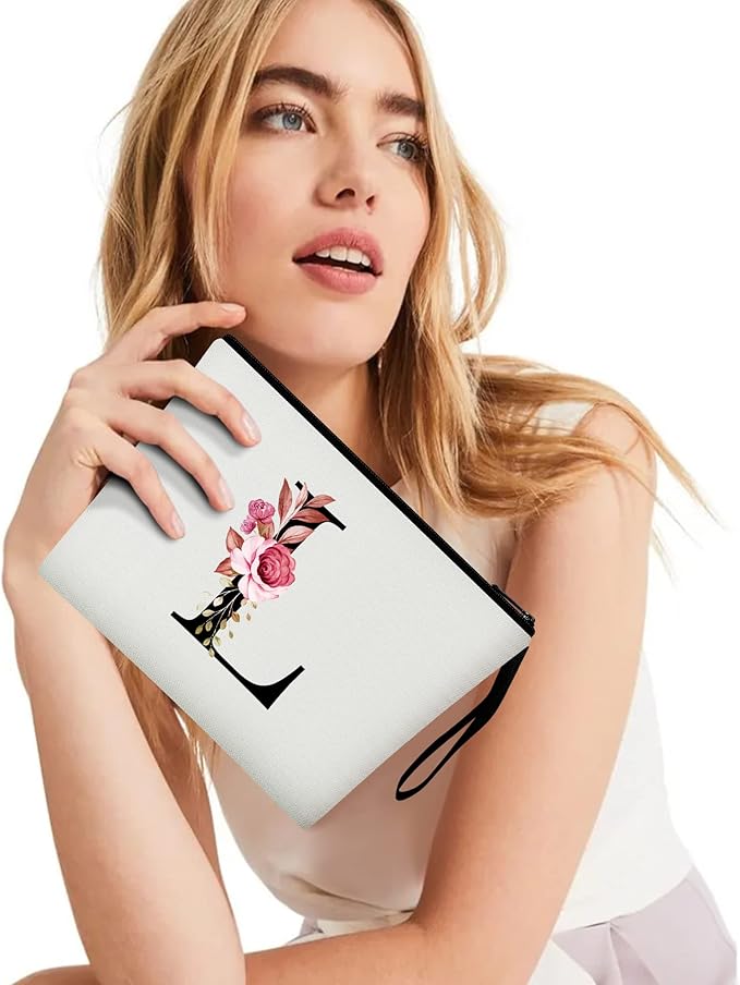 Vavabox A-Z Personalized Makeup Bag, Birthday Gifts for Women Mom, Gifts for Best Friend, Bride Bridesmaid Cosmetic bag (L, 01-White)