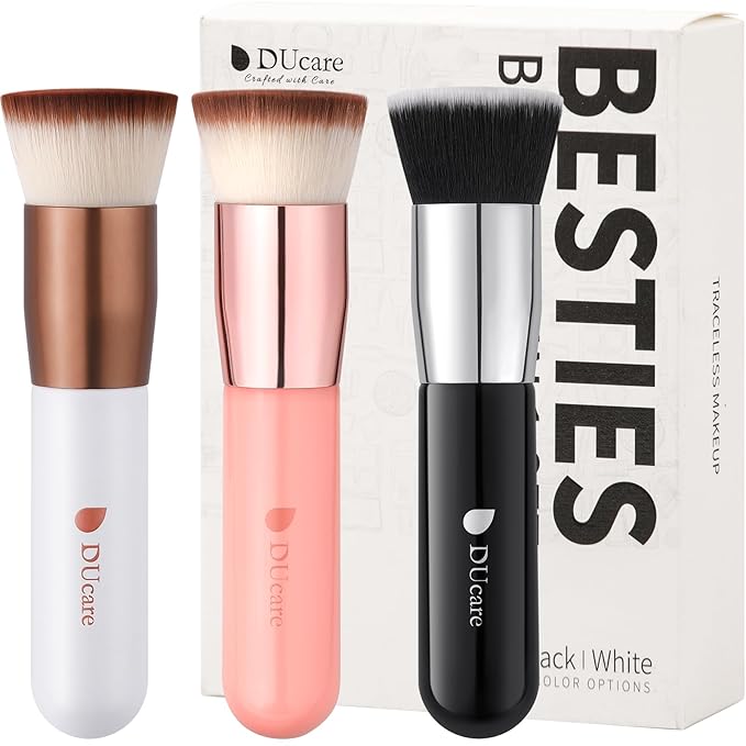 DUcare Large Flat Top Kabuki Foundation Brush 3pcs- Premium Makeup Brush for Liquid, Cream, and Powder - Buffing, Blending, and Face