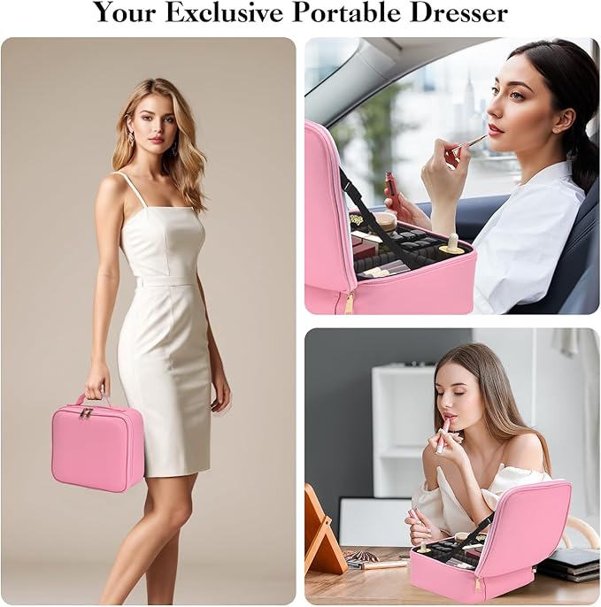 Yaliang Travel Makeup Bag with Mirror & 6 Adjustable EVA Dividers, Hot Pink