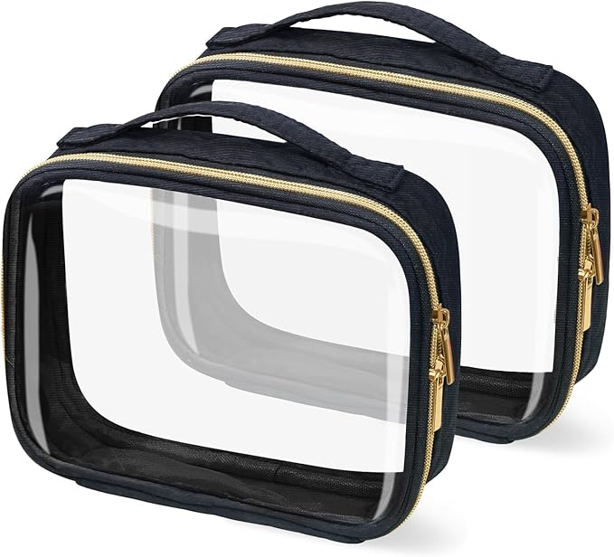FAYORORY TSA Approved Travel Toiletry Bag,2 Pack Clear Makeup Bags with Handles,Quart Size Clear Cosmetic Bags for Traveling Women,Men,Carry on Airport Airline Compliant Bag,Black