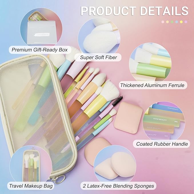 VIVID BEAUTY Makeup Brush Set, 18 Pcs Makeup Brushes with 2 Sponges & Travel Bag, Colorful Make up Brushes for Foundation Powder Blush Blending Eyeshadow, Face & Eye Brush Kit for Beginner