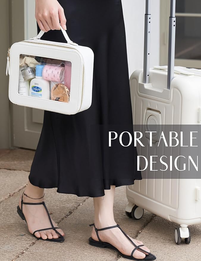 Popvibe Clear Makeup Case White Toiletry Bag Travel Large Clear Cosmetic Bag with Zipper, Big Make Up Bag Organizer Women Traveling TSA Approved Transparent Bag Car for Essentials