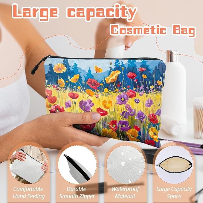 Scribesense Cosmetic Bags Travel Makeup Toilet Case Waterproof Pouch for Women Girls 6.7X9.45inches - Oil Painting of A Colorful Poppy Field